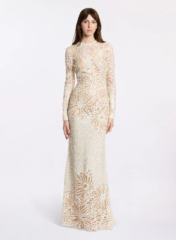 Maxi Dress With Draped Waist -Sequin Embroidered Long Dress