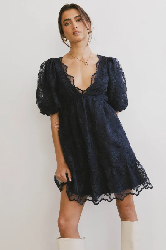 Floral print countryside vacation mini dress-Tiana Embroidered Mini Dress in Navy