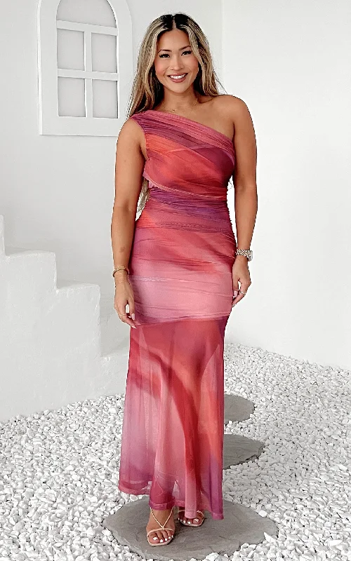 Red Maxi Dress -Paloma Mesh Maxi Dress - Pink Orange Ombre