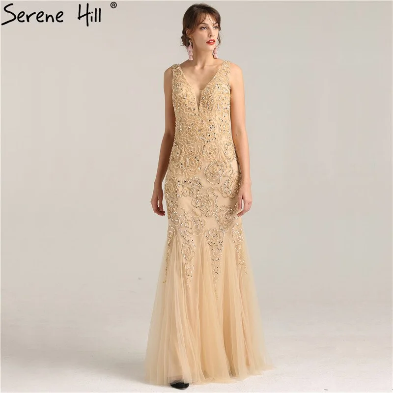 Evening dress with feather details -On Sale No Return No Refund Sale  Deep-V Luxury Sexy Mermaid Evening Gowns Crystal Beading Elegant Fashion Tulle Evening Dresses Real Photo LA6249