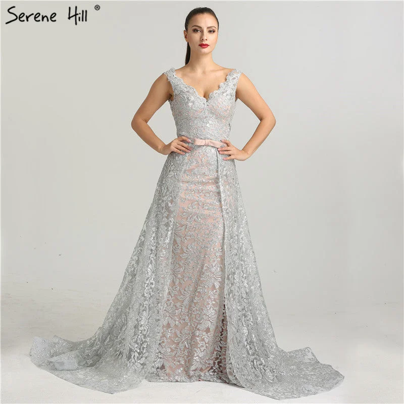 Evening dress for evening wedding -On Sale  no return no refundSale Deep-V Sleeveless Gliter Vintage Sexy Evening Dresses Mermaid Fashion Elegant With Removrable Train Evening Gown LA6235