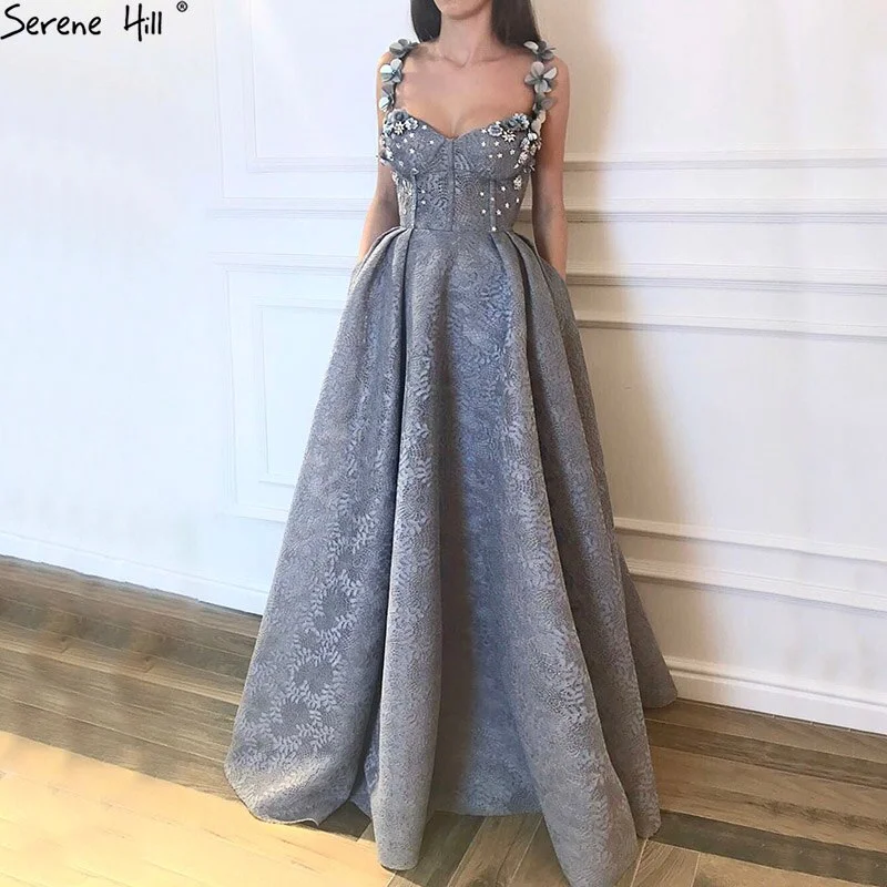 Silk evening dress -On Sale No Return No Refund Sale 2024 Grey Sequined Flowers Lace Evening Dresses New Sexy Sleeveless Fashion Beach Evening Gowns Serene Hill LA6539