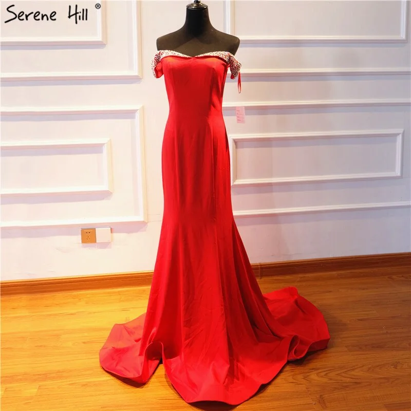 Evening dress with delicate lace trim -On Sale No Return No Refund 2024 Mermaid Elegant Fashion New Evening Dresses Off Shoulder Sexy Simple Formal Evening Gowns Serene Hill LA6510