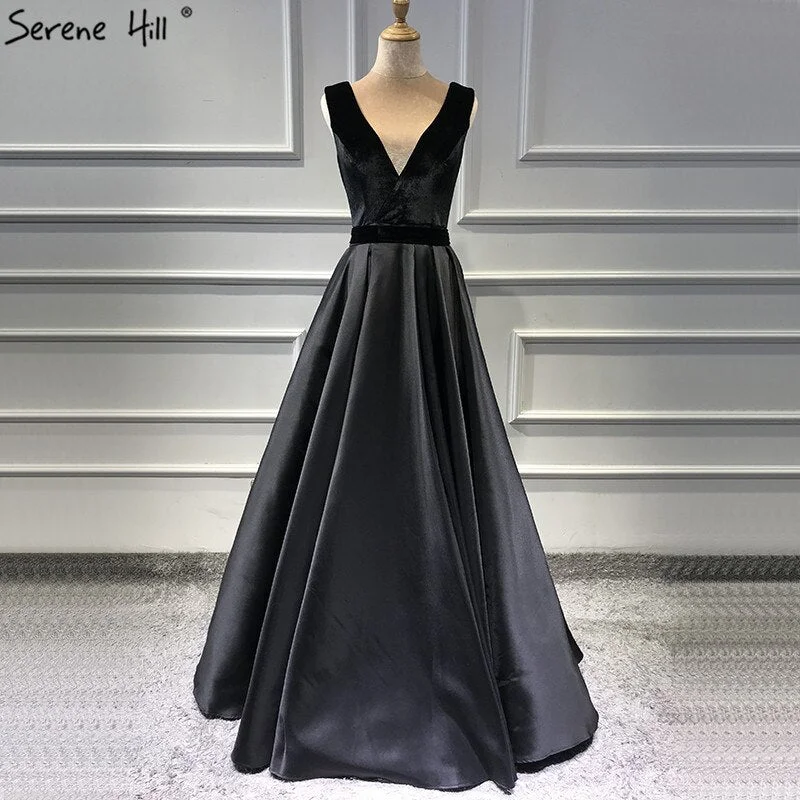 Evening dress with crystal accents -On Sale No Return No Refund  Sale Black Velour Sleeveless A-Line Sexy Evening Dresses 2024 Real Photo Deep-V Simple Formal Dress Serene Hill LA60951