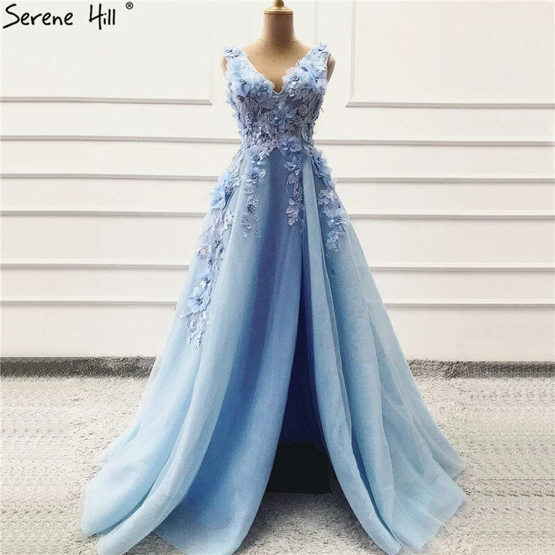 Chic evening dress -On Sale no return no refund Sale Blue Handmade Flowers Diamonds V-Neck Evening Dresses Sleeveless Sexy A-Line Formal Dress 2024 Serene Hill LA60867