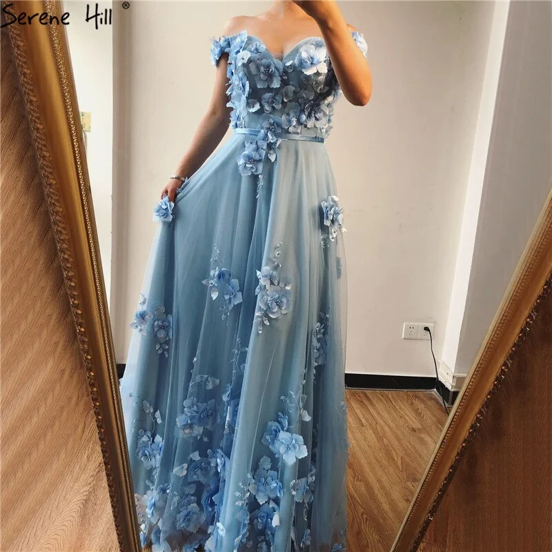 Evening dress with lace -On Sale No Return No Refund  Blue Off  Shoulder Handmade Flowers Evening Dresses Pearls Sleeveless Sexy A-Line Evening Gowns 2024 Serene Hill LA70189