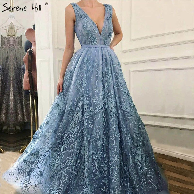 Evening dress with ruffled sleeves -On Sale no return no refund Sale Deep-V Tulle Evening Dresses Appliques Pearls Sleeveless LA6482