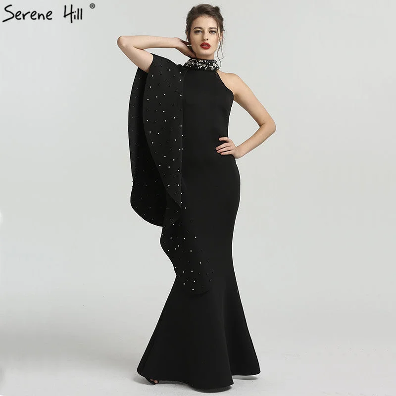 Bohemian evening dress -On Sale No Return No Refund Sale Design Black High Neck Mermaid Evening Dresses Elegant Pearls Sleeveless Long QA8024