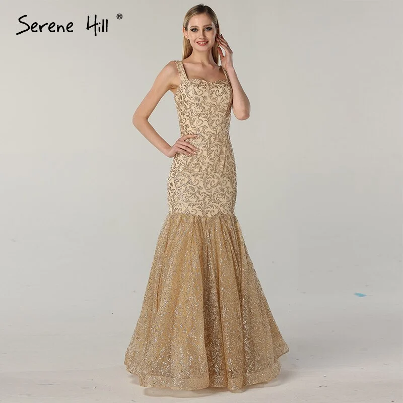 Evening dress with beading -On Sale No Return No Refund  Dubai Design Luxury Gold Glitter Evening Dresses 2024 Boat Neck Sleeveless Sexy Evening Gowns Real Photo LA60701