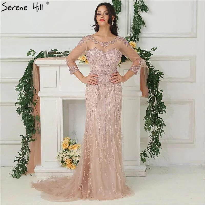 A-line evening dress -On Sale no return no refundSale Dubai Design Pink Long Sleeves Evening Dresses 2024 Beading Sequined Sexy Back Illusion Evening Gowns Serene Hill LA6616