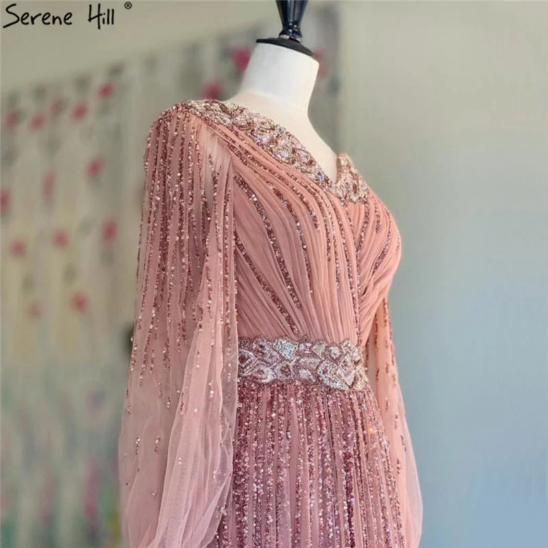 Off-the-shoulder evening dress -On Sale No Return No Refund  Sale Dubai Design Pink V-Neck 2024 Evening Dresses Sequined Long Sleeves Luxury Formal Dress Serene Hill LA60948