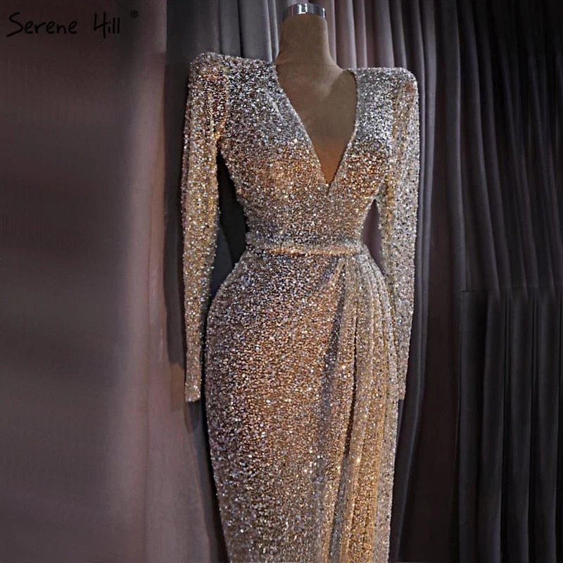 Gold evening dress -On Sale No Return No Refund Dubai Luxury Gold Long Sleeves Latest Designs Beading Sequined Evening Gown LA60769