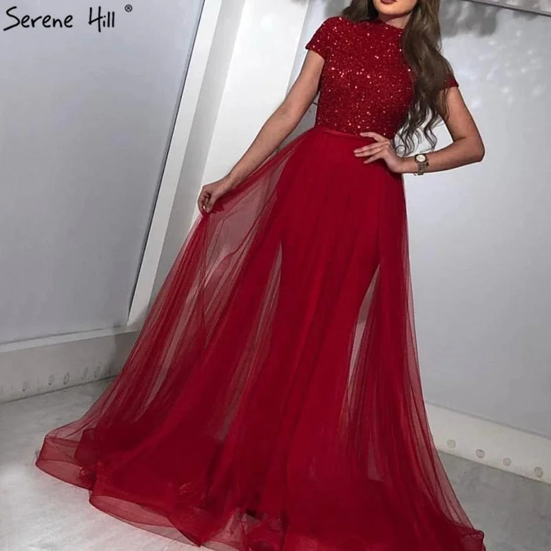 Evening dress for graduation -On Sale No Return No Refund  Dubai Luxury Latest Design Red Evening Dresses 2024 Crystal Short Sleeves Evening Gowns Serene Hill LA60793