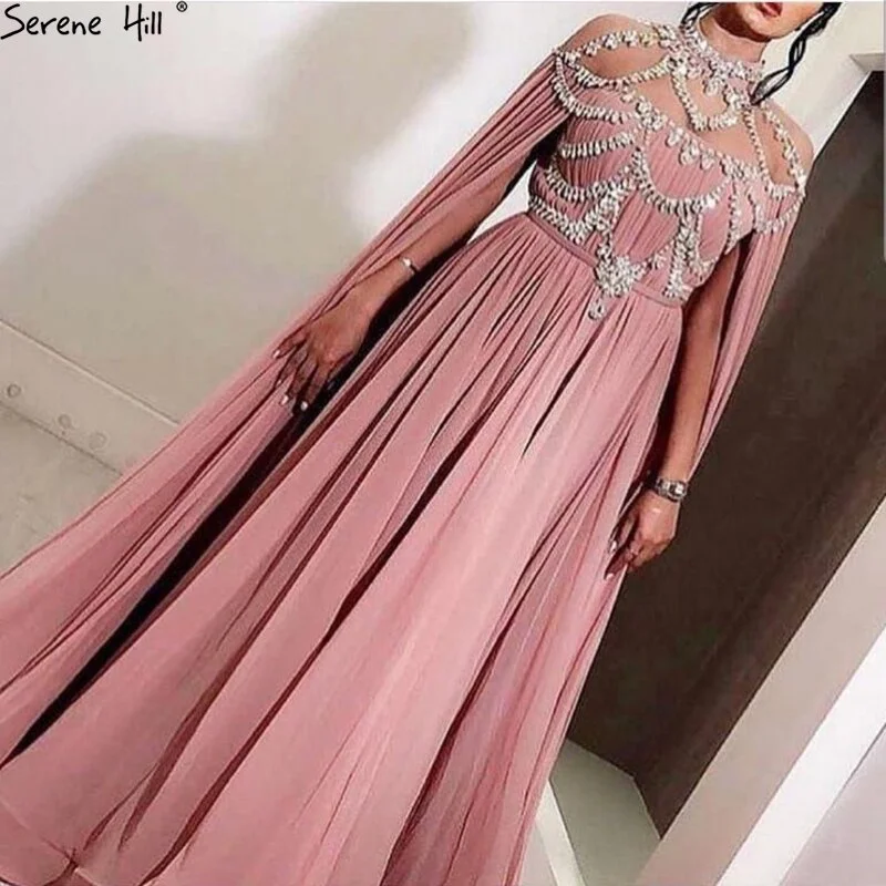 Formal evening gown -On Sale No Return No Refund  Dubai Pink High Collar Chiffon Evening Dresses Design Diamond Sleeveless Beach Evening Gowns 2024 Serene Hill LA60736