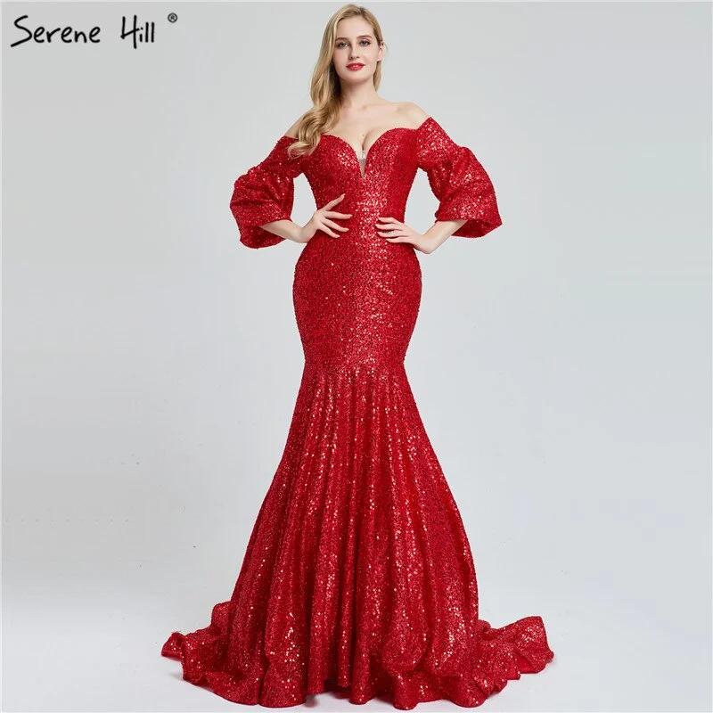 Evening dress with cap sleeves -On Sale No Return No Refund Sale Dubai Red Sequined Off Shoulder Sexy Evening Dresses 2019 Latest Design Mermaid Long Sleeves Luxury Evening Gowns LA60993