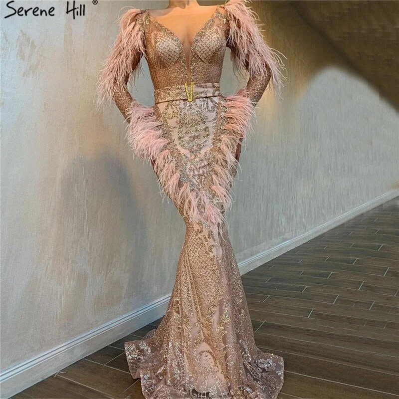 Black evening dress -On Sale No Return No Refund Sale Dubai Rose Gold Mermaid Sexy Evening Dresses 2024 Luxury Feathers Beading Sparkle Formal Dress Serene Hill LA60902