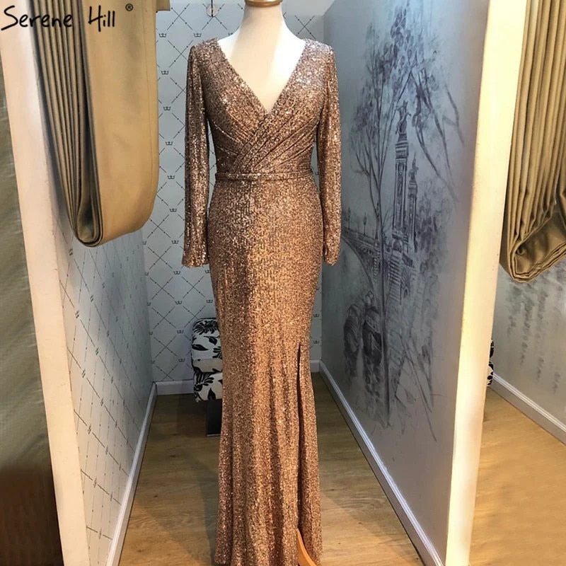 White evening dress -On Sale No Return No Refund Dubai Rose Gold Sequined V-Neck Evening Dresses 2024 Luxury Long Sleeves Sparkle Formal Dress Serene Hill LA60970