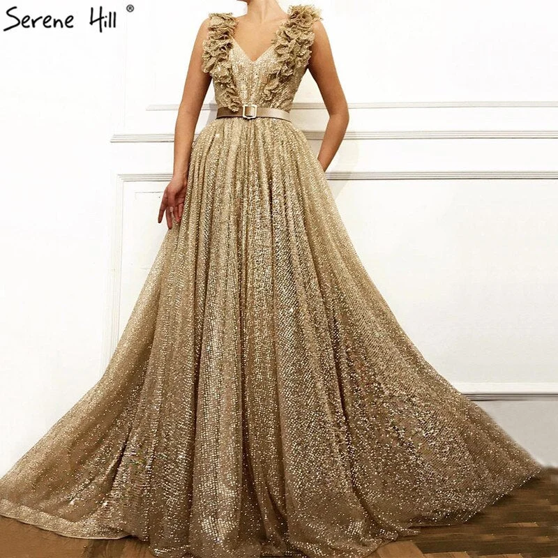 Plus size evening dress -On Sale No Return No Refund Dubai V-Neck Sleeveless Luxury Evening Gown Designs 2024 Sequined Sashes Sexy Tulle Evening Dresses Serene Hill LA60796