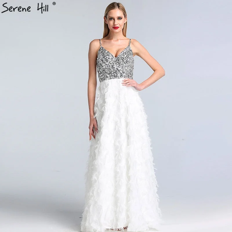 Evening dress for wedding -On Sale No Return No Refund Sale Dubai White V-Neck Backless Luxury Evening Dresses 2024 Sleevleess Sequined Tiered Formal Dress Serene Hill LA60955