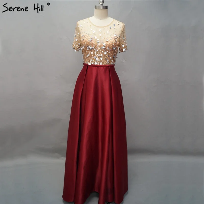 Evening dress with slit -On Sale No Return No Refund Dubai Wine Red Short Sleeves Evening Dresses Design 2024 Satin Sequined Beading Beach Evening Gowns Serene Hill LA60740