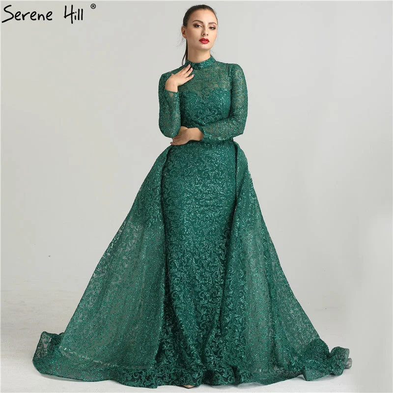 Evening dress with crystals -On Sale No Return No Refund  Fashion Mermaid Luxury  Glitter Wine Red Evening Dress Long Sleeves  Gliter  with train Evening Gowns 2024 Serene Hill LA6326