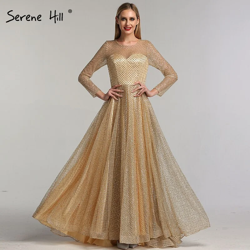 Plus size evening dress -On Sale No Return No Refund Sale Gold Muslim Long Sleeves A-Line Evening Dresses 2024 O-Neck Luxury Glitte Formal Dress Real Photo LA60942