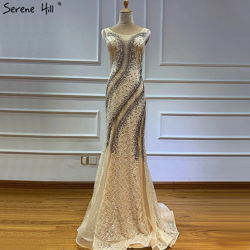 Evening dress with open back -On Sale No Return No Refund Sale Gold O-Neck Luxury Dubai Design Evening Dresses 2024 Lace Pearls Crystal Mermaid Formal Dress Serene Hill LA60897