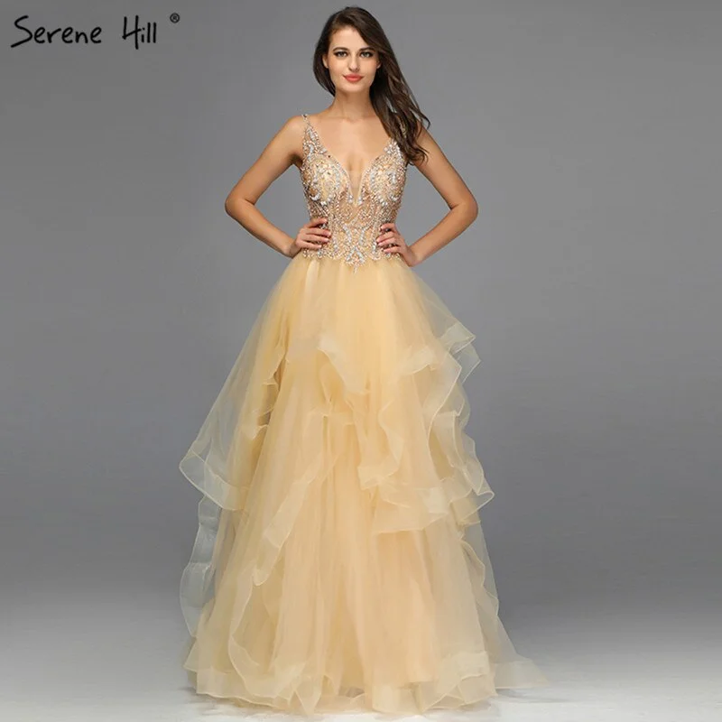 Strapless evening dress -On Sale No Return No Refund Sale Gold V-Neck Beading Diamond Evening Dressese A-Line Sleeveless Sexy Evening Gowns Design 2024 Serene Hill LA70149