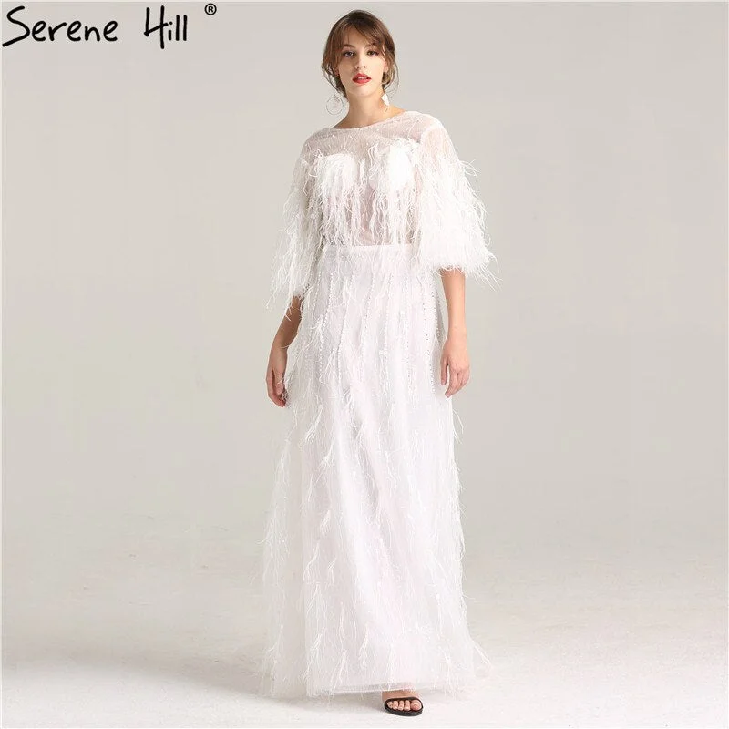 Evening dress with gold accents -On Sale No Return No Refund Sale Half Sleeve Dream Feather Tassel  Evening Dresses 2024 White Pearls Fashion Sexy Formal Evening Gowns LA6225