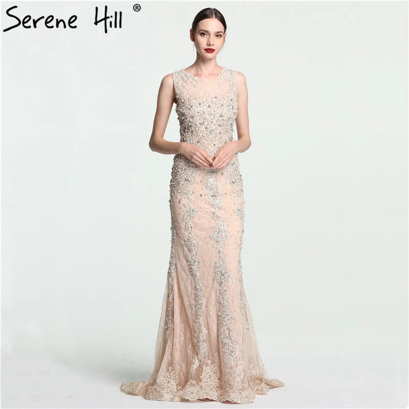 Evening dress for fancy dinner -On Sale No Return No Refund Sale Lace  Mermaid Evening Gowns Sleeveless Crystal Pearls Tulle Evening Dress Long LA6117