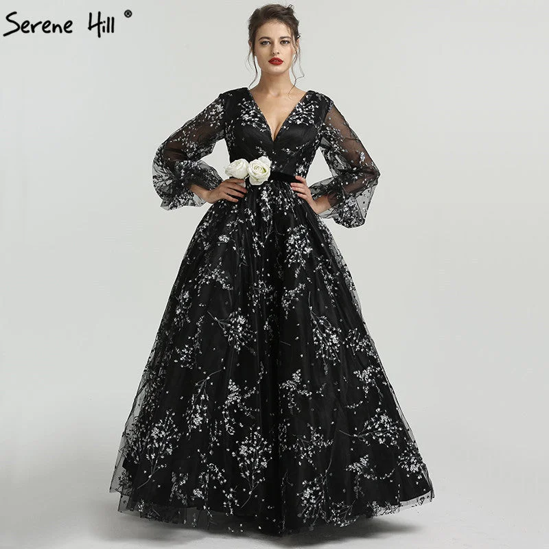 High-low evening dress -On Sale No Return No Refund  Long Sleeve V-Neck Evening Dresses Tulle Formal LA6287