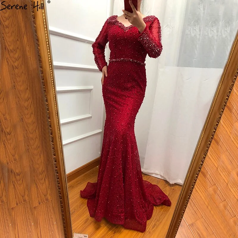 Evening dress for black tie event -On Sale No Return No Refund Long Sleeve Wine Red Pearls Mermaid Evening Dresses 2024 Fashion Luxury Evening Gown Real Photo Dubai LA6428