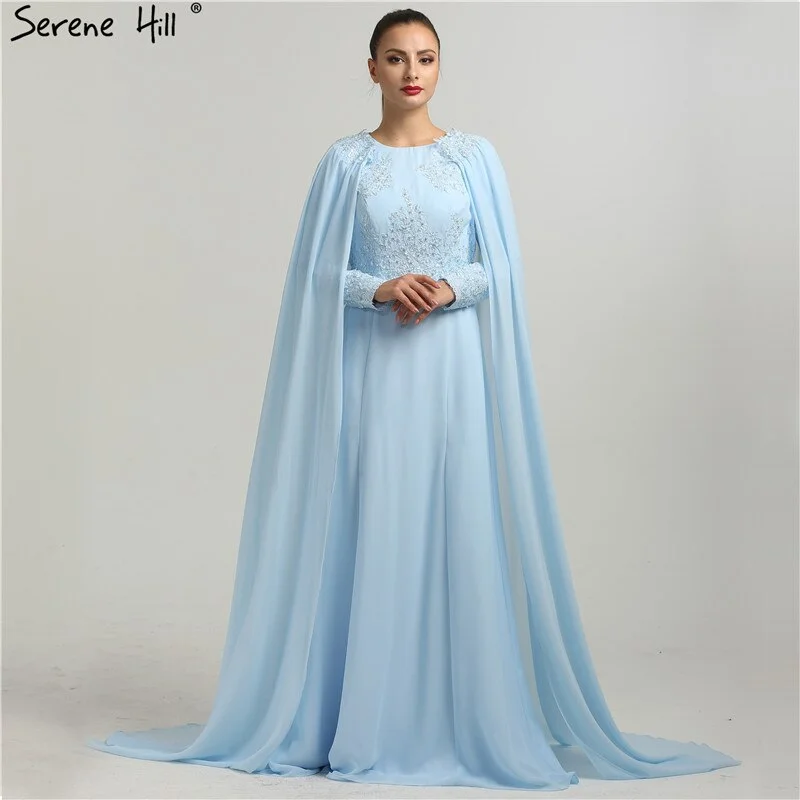 Evening dress with bow -On Sale No Return No Refund Long Sleeves Fashion Beach Evening Dresses Appliques Pearls With Cap Chiffon Evening Gowns 2024 New Serene Hill HA2134