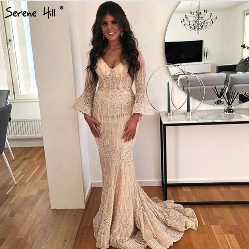 Evening dress with layered details -On Sale  no return no refundSale Long Sleeves Fashion Luxury Evening Dresses V-Neck Mermaid Pearls Crystal Sexy Evening Gowns 2024 Serene Hill LA6489