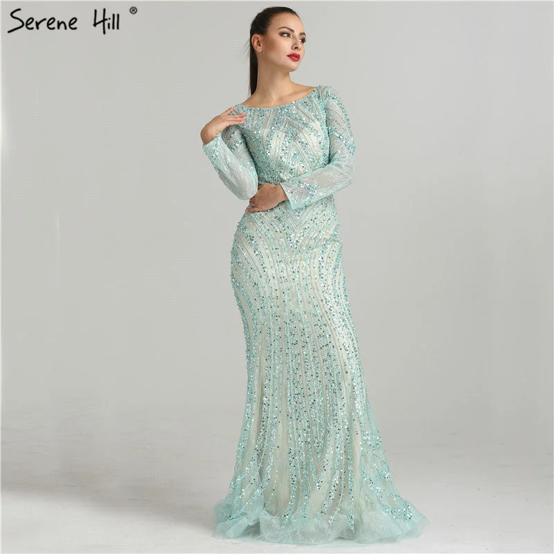 Evening dress with crystal accents -On Sale No Return No Refund Sale Long Sleeves Luxury Sparkly Tulle Evening Dresses Mermaid Beading LA6396