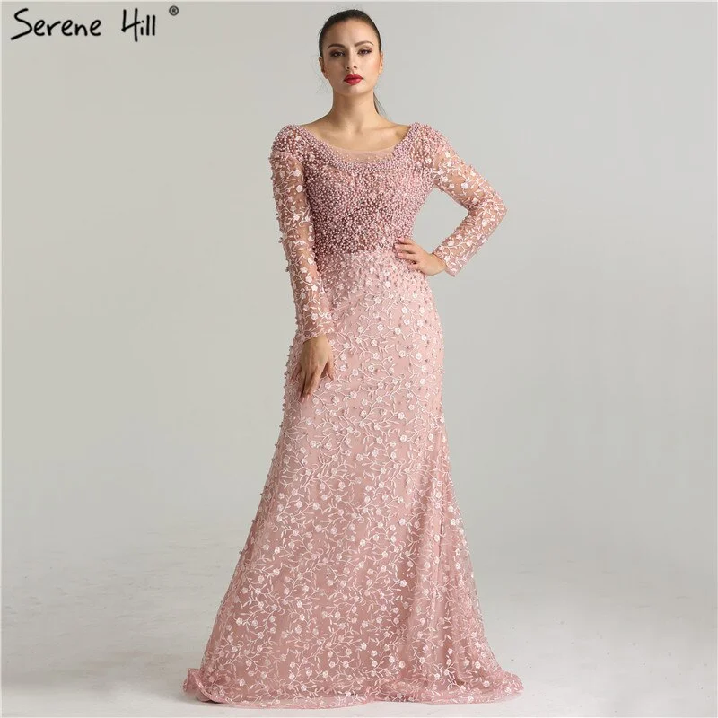 Velvet evening dress -On Sale No Return No Refund Luxury Pink Pearls Lace Evening Dresses 2024 Mermaid Embroidery Long Sleeves Formal Evening Gowns Serene Hill LA6408