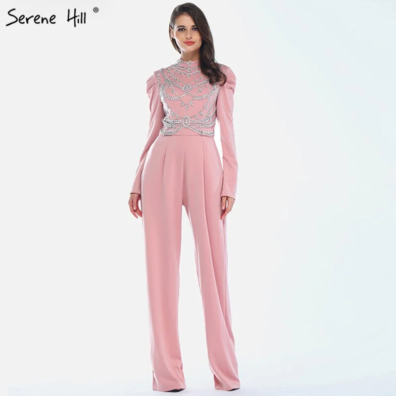 Evening dress for outdoor events -On Sale No Return No Refund Sale Muslim Pink Long Sleeves Evening Dresses High Collar Diamond Jumpsuit Formal Dress Serene Hill LA60910