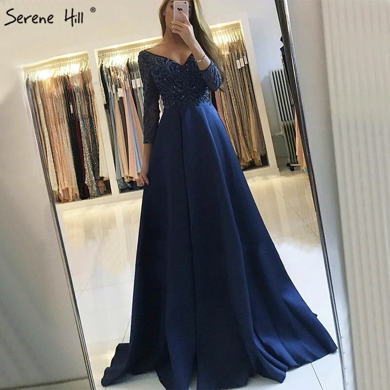 Chic evening dress -On Sale No Return No Refund Sale Navy Blue Party Dress V-Neck Evening Gowns Satin Crystal Long Sleeve Fashion Formal Evening Dress Real Photo LA6158