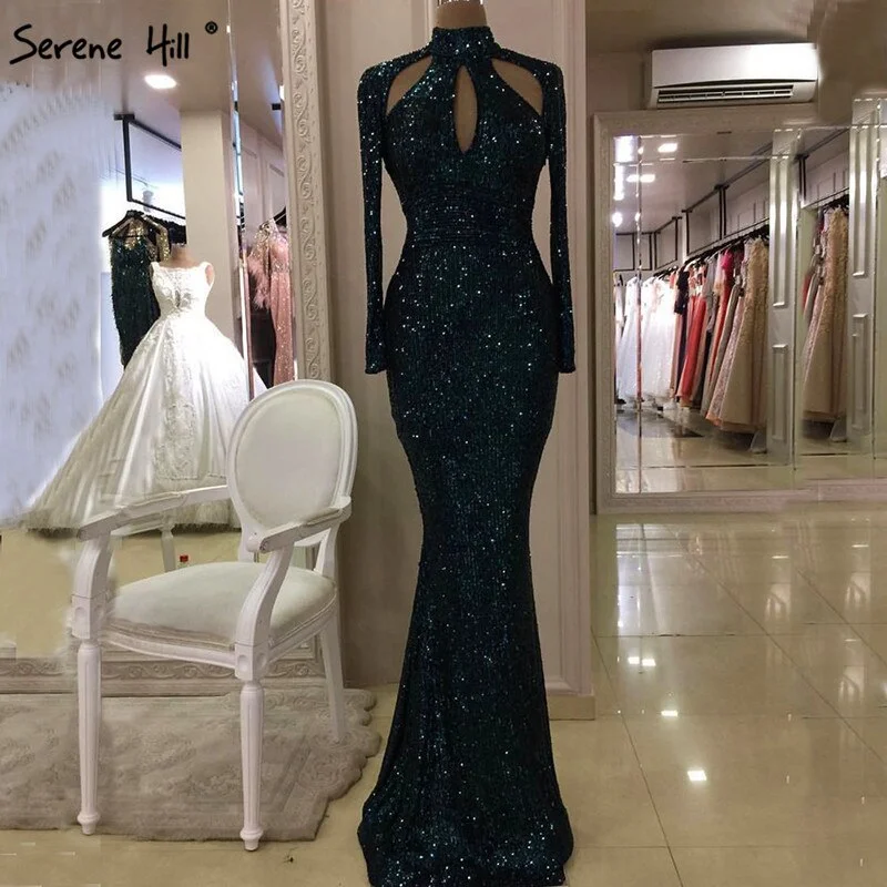 Elegant long evening dress -On Sale No Return No Refund  New Designer Green High Neck Sexy Evening Dresses 2024 Sequined Long Sleeves Fashion Luxury For Women Party LA6314