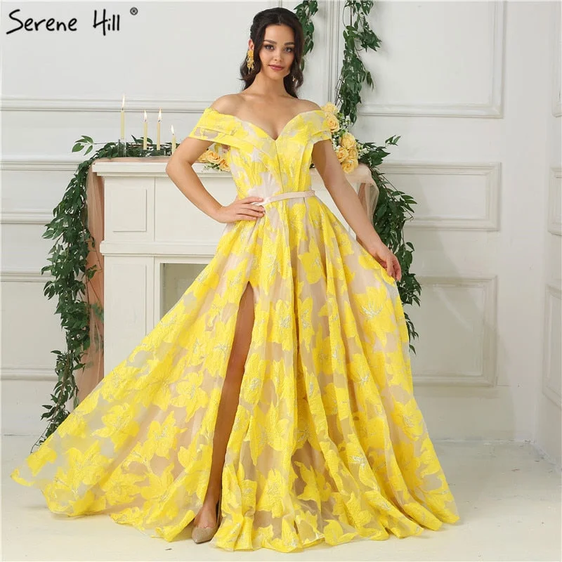 Evening dress with ruffled sleeves -On Sale No Return No Refund Sale Off Shoulder Evening Dresses Sleeveless Flowers Sexy Evening Gowns LA6597