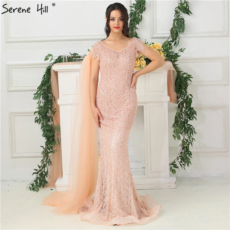 Evening dress with cap sleeves -On Sale No Return No  Refund  Peach Pearl   Mermaid Evening Dresses Evening Gowns LA6642