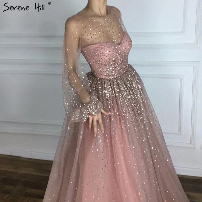 Lace evening dress -On Sale No Return No Refund Pink Glitter Longer Sleeves Sexy  A-line Evening Dresses 2024 O-Neck Fashion Tulle Evening Gown Real Photo LA6344