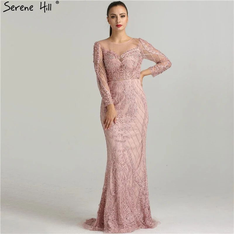 Evening dress with shimmer -On Sale No Return No Refund Pink Long Sleeves Pearls Crystal Evening Gowns 2024 Mermaid Sexy Elegant  Formal Evening Dress LA6274 Plus Size