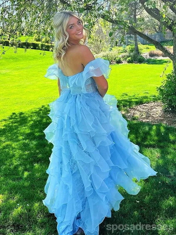 Evening dress with geometric patterns -Pretty Blue A-line Off Shoulder Long Party Prom Dresses Ideas,Evening Gowns,13679