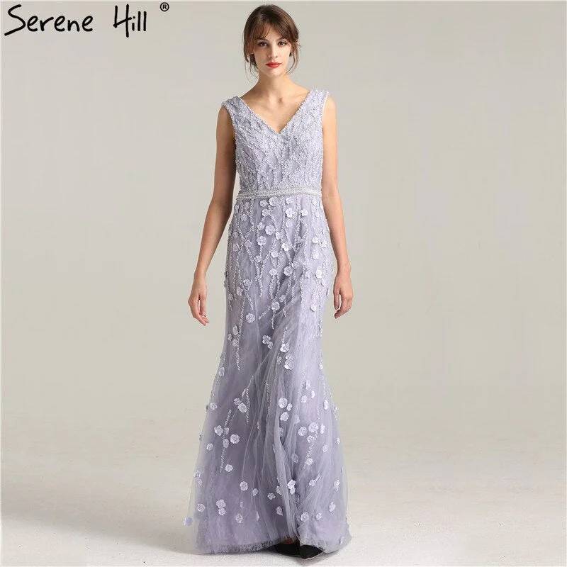 Elegant evening dress for cocktails -On Sale No Return No Refund Sale Real Photo Deep-V Sexy Evening Dress Long Beading Pearls Tulle Sleeveless Mermaid Party Evening Dress 2024 LA6255