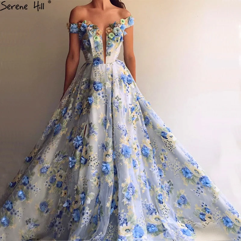 Long evening dress -On Sale No Return No  Refund Romantic Blue Flowers Evening Dresses Off Shoulder Beach Fromal Evening Gowns LA6660