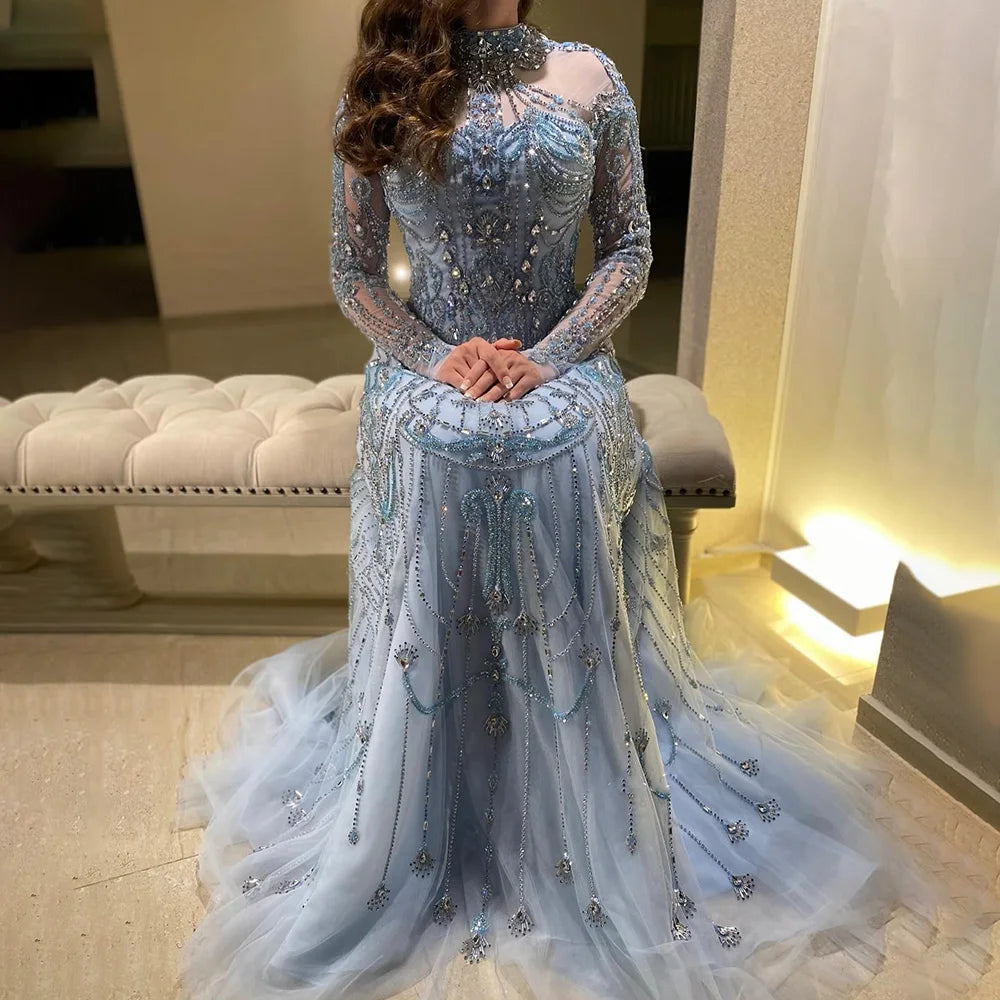 Modern evening dress -Serene Hill 2024 Arabic A-Line Blue Lace Beaded Luxury Evening Gowns for Women's Party Dubai LA72704