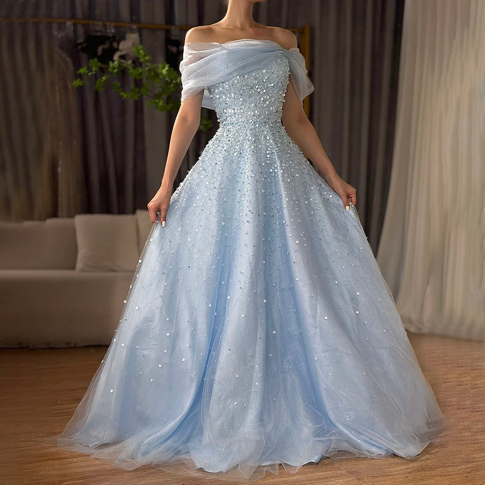 Simple evening dress -Serene Hill 2024 Arabic Blue Off The Shoulder Beaded Elegant A-Line Long Evening Dresses Gowns for Formal Occasion LA72009A