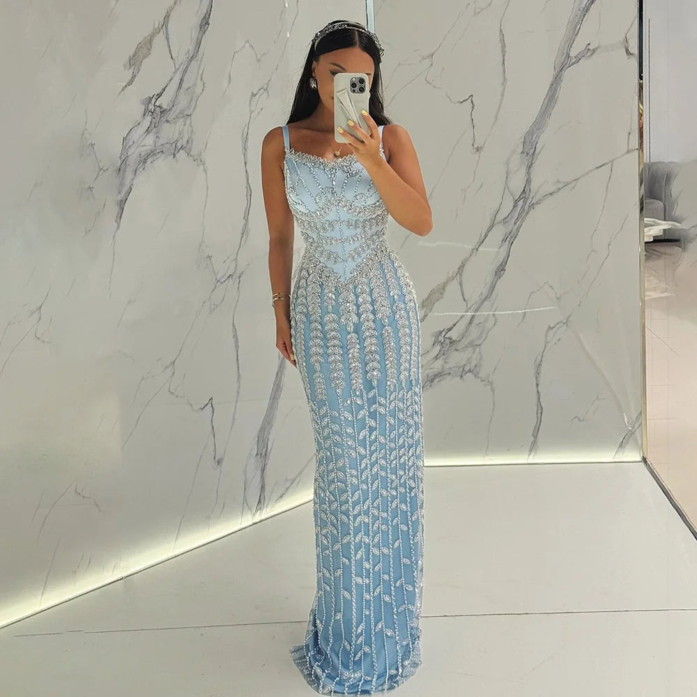 Elegant evening dress -Serene Hill 2024 Arabic Blue Spaghetti Strap Mermaid Gown Luxury Beaded Saudi Evening Dress for Formal Occasion LA72725