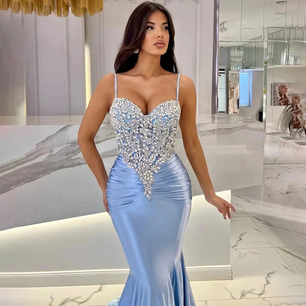 Satin evening dress -Serene Hill 2024 Arabic Blue Spaghetti Strap Satin Mermaid Gown Luxury Beaded Saudi Evening Dress for Formal Occasion LA72729